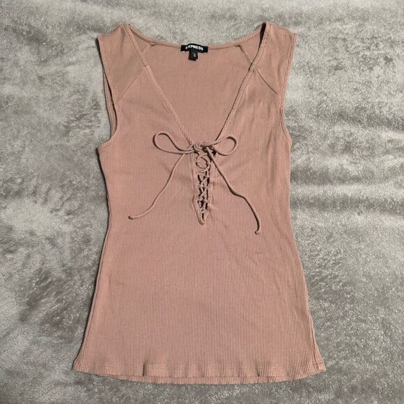 Express Taupe Ribbed Deep V Lace Up Tank M - Picture 1 of 5